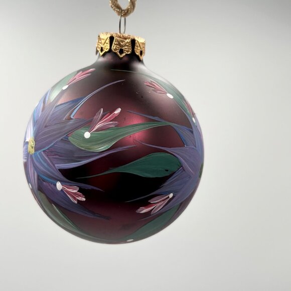 Hand-Painted Glass Christmas Ornament With Colorful Floral Design & Gold-Toned C - Picture 3 of 6